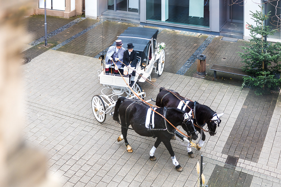 Hochzeitskutsche mit Pferden vor dem Hotel Detmolder Hof